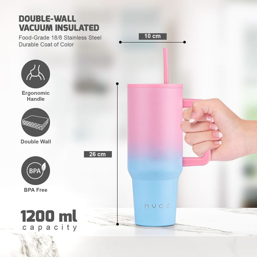 Premium 1.2L Stainless Steel Insulated Tumbler with Handle & Straw