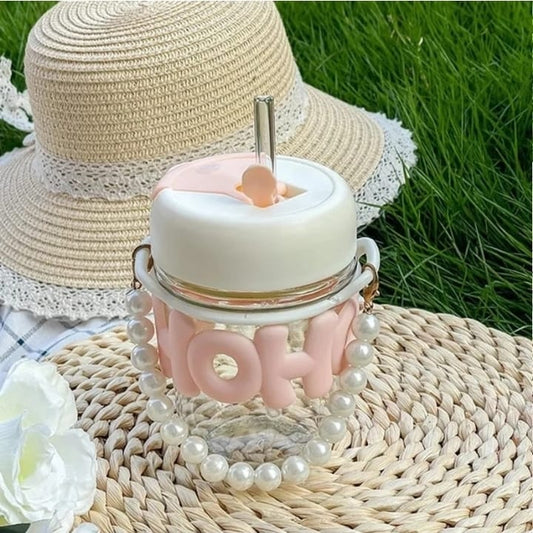 Kawaii Mini Glass Water Mug with Pearl Chain & Straw - 350ml