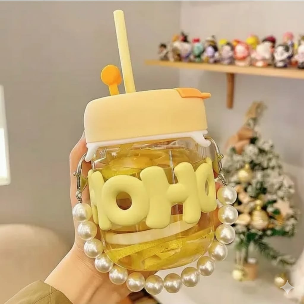 Kawaii Mini Glass Water Mug with Pearl Chain & Straw - 350ml