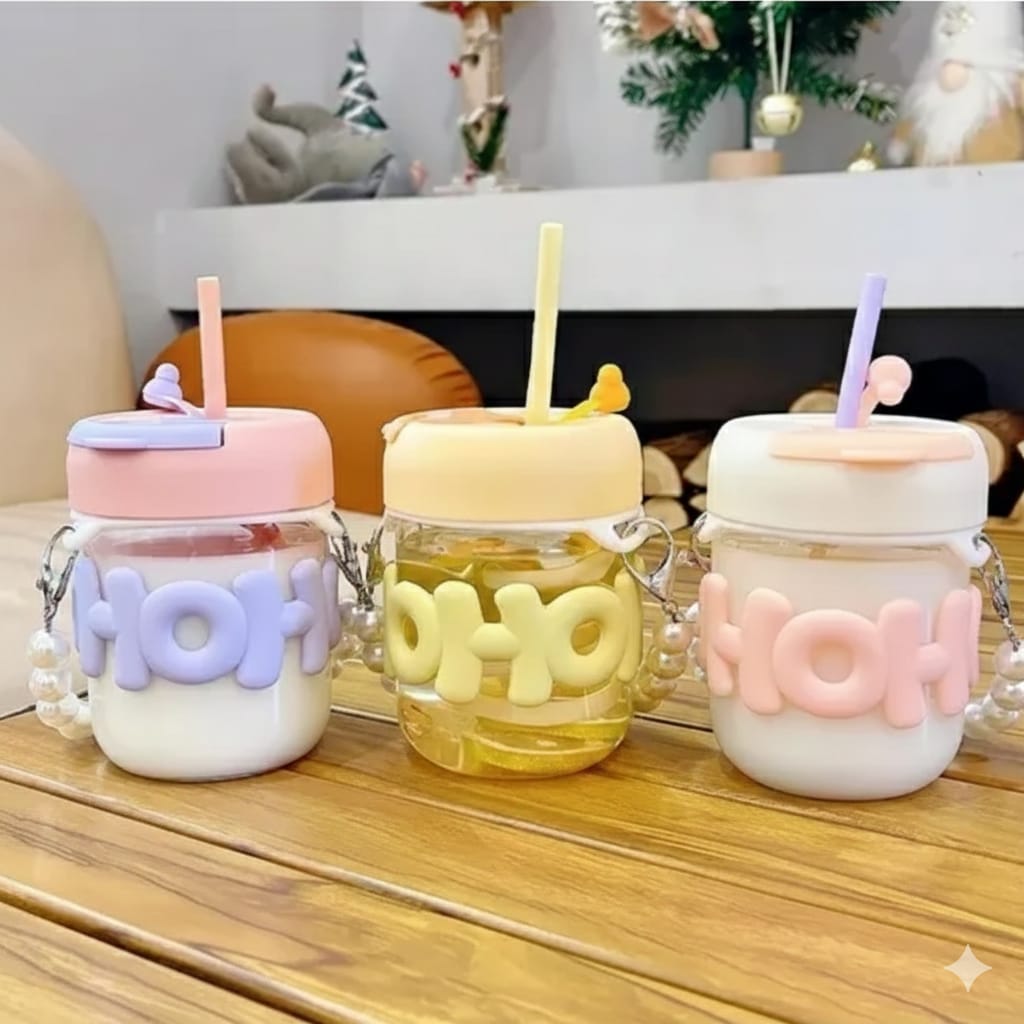 Kawaii Mini Glass Water Mug with Pearl Chain & Straw - 350ml