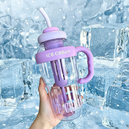 Ice Cream Style Transparent Gym Water Bottle with Straw & Handle - 500ml