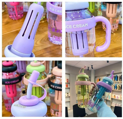 Ice Cream Style Transparent Gym Water Bottle with Straw & Handle - 500ml