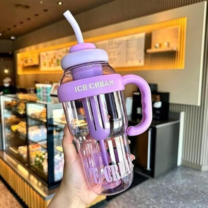 Ice Cream Style Transparent Gym Water Bottle with Straw & Handle - 500ml