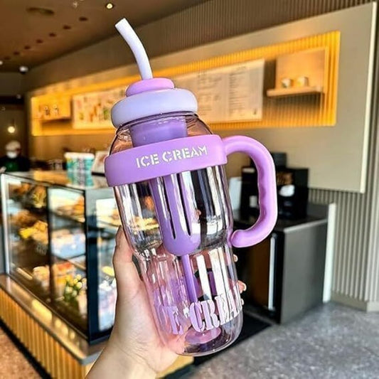Ice Cream Style Transparent Gym Water Bottle with Straw & Handle - 500ml