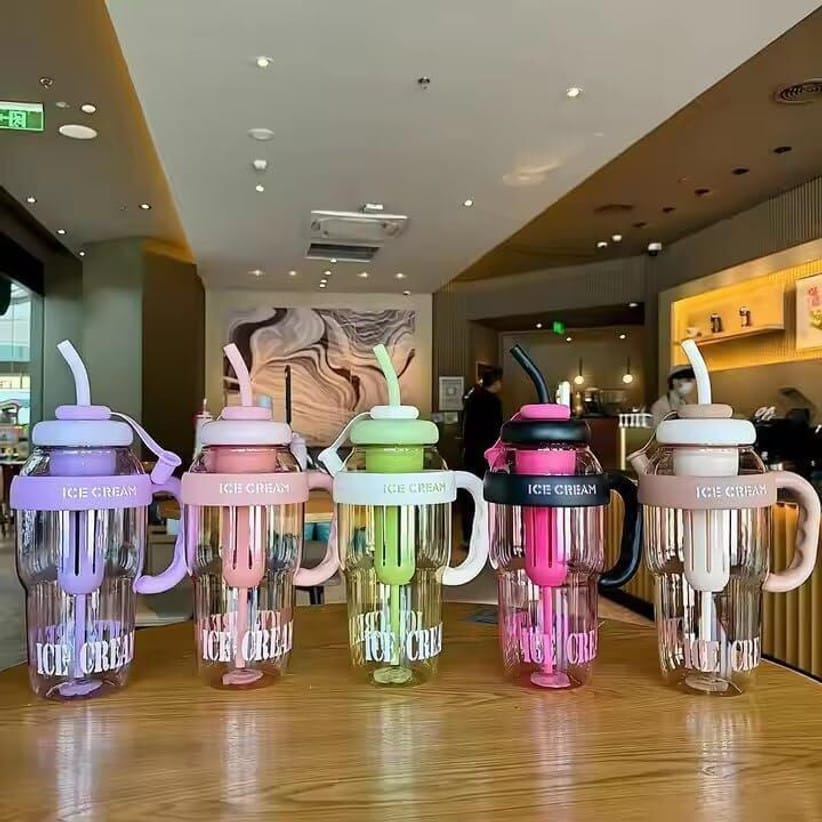 Ice Cream Style Transparent Gym Water Bottle with Straw & Handle - 500ml