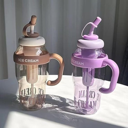 Ice Cream Style Transparent Gym Water Bottle with Straw & Handle - 500ml