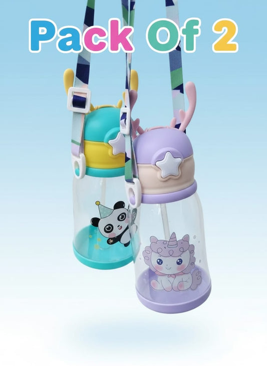 Cute Deer Horn Kids Water Bottle with Sipper & Strap (600ml) - Pack of 2