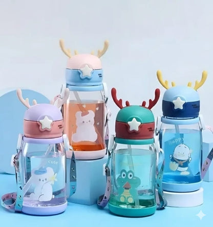 Cute Deer Horn Kids Water Bottle with Sipper & Strap (600ml) - Pack of 2