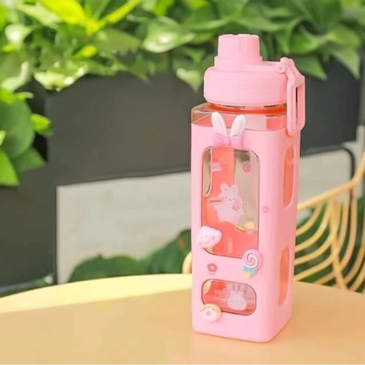 Kawaii Bear Square Water Bottle with 3D Stickers & Straw - 900ml (Pink)