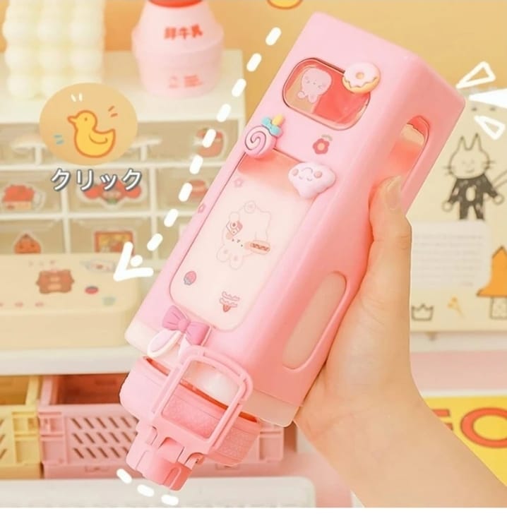 Kawaii Bear Square Water Bottle with 3D Stickers & Straw - 900ml (Pink)