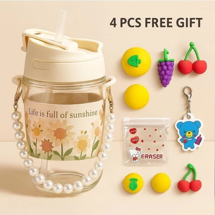 Aesthetic Portable Glass Cup(350ml) Mug for Girls