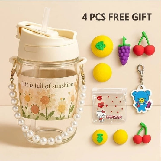 Aesthetic Portable Glass Cup(350ml) Mug for Girls