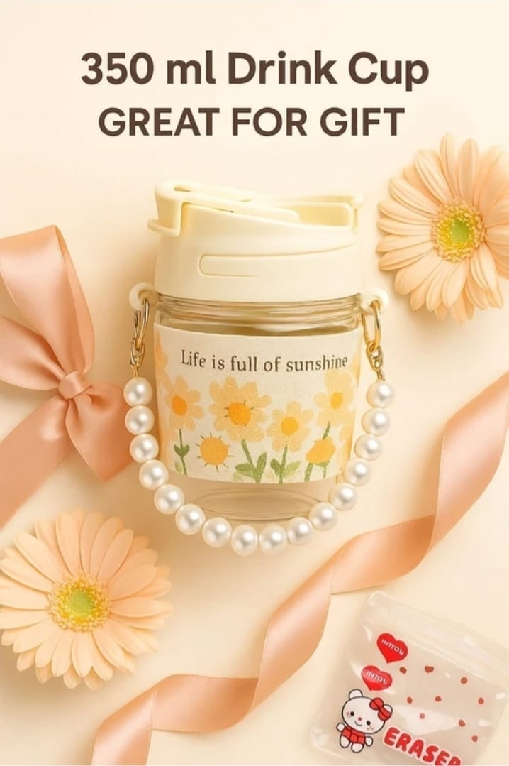 Aesthetic Portable Glass Cup(350ml) Mug for Girls