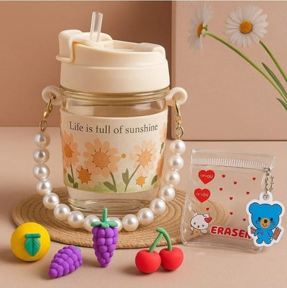 Aesthetic Portable Glass Cup(350ml) Mug for Girls