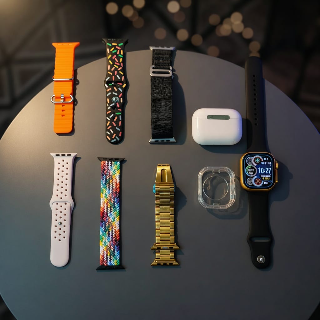 10 In1 Set Ultra Smart Bluetooth Calling Smartwatch + Earphones With Transparent Screen Guard Watch With Seven Classic Straps (Mix Color)