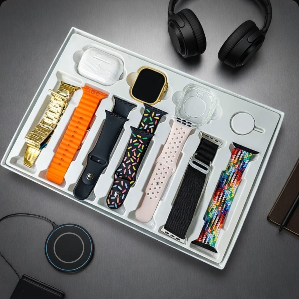 10 In1 Set Ultra Smart Bluetooth Calling Smartwatch + Earphones With Transparent Screen Guard Watch With Seven Classic Straps (Mix Color)